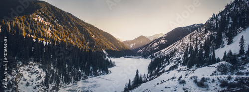 View of Lake Kolsay in winter (panorama)