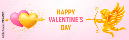 Valentines Day festive banner. Couple of golden and pink hearts pierced by arrow and figurine of shooting cupid. Sparkles and place for text on gentle light pink background. Vector illustration