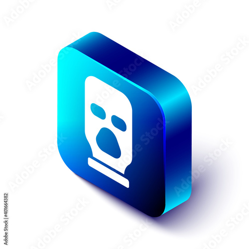 Isometric Balaclava icon isolated on white background. A piece of clothing for winter sports or a mask for a criminal or a thief. Blue square button. Vector.