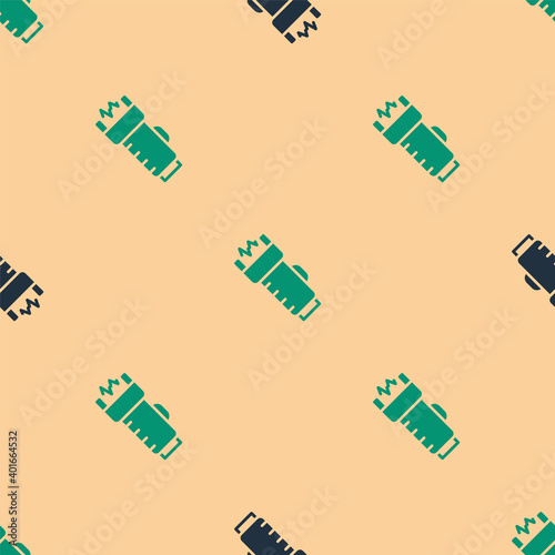 Green and black Police electric shocker icon isolated seamless pattern on beige background. Shocker for protection. Taser is an electric weapon. Vector.