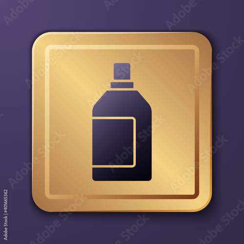 Purple Plastic bottle for laundry detergent, bleach, dishwashing liquid or another cleaning agent icon isolated on purple background. Gold square button. Vector.