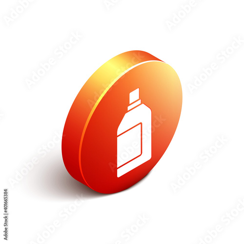 Isometric Plastic bottle for laundry detergent, bleach, dishwashing liquid or another cleaning agent icon isolated on white background. Orange circle button. Vector.