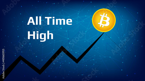 Bitcoin BTC ATH All Time High. The coin has the highest price ever. Polygonal blue background.