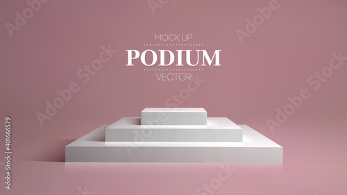 Square podium on pink background in 3d style. Cosmetic background podium. Platform studio vector illustration.