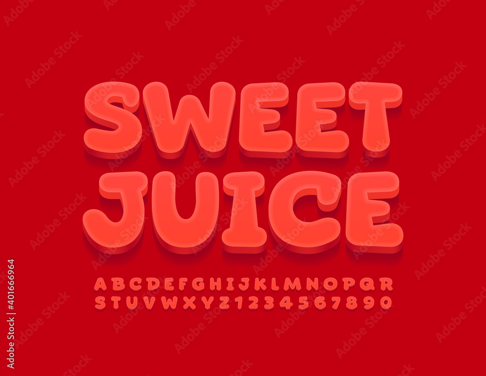Vector bright sign Sweet Juice. Funny Red Alphabet Letters and Numbers set. Creative modern Font