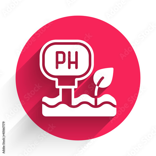 White Soil ph testing icon isolated with long shadow. PH earth test. Red circle button. Vector.