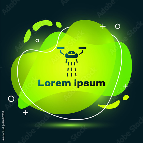 Black Smart farm with drone control for seed planting icon isolated on black background. Innovation technology for agricultural company. Abstract banner with liquid shapes. Vector.