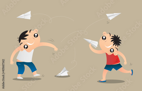 Two little boys playing paper plane flying