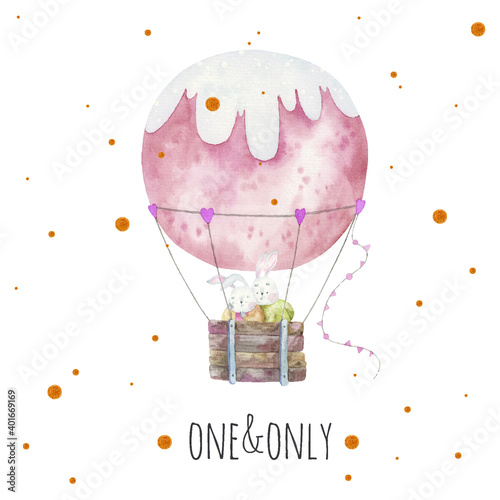 cute and beautiful rabbits hugging in a balloon, card for Valentine's day