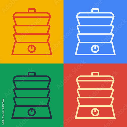 Pop art line Slow cooker icon isolated on color background. Electric pan. Vector.