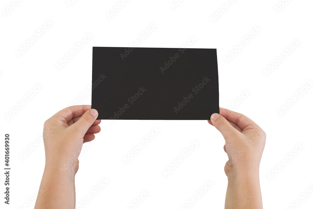 Hands holding blank black paper card, close up, isolated on white