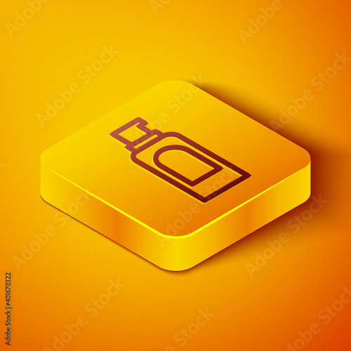 Isometric line Spray can for hairspray, deodorant, antiperspirant icon isolated on orange background. Yellow square button. Vector.