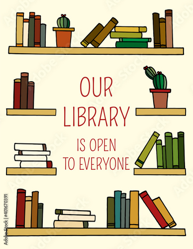Books Frame in Coloured Doodle style for notebooks, posters, postcards