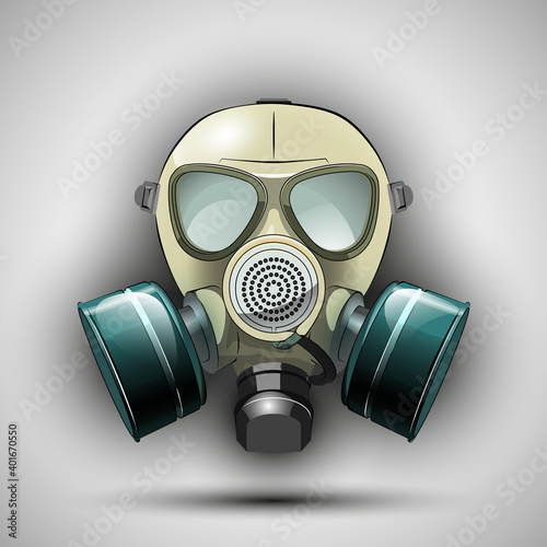 Gas mask respirator skull breather. Protective radiation suit. Breathing apparatus with two filters. Color illustration