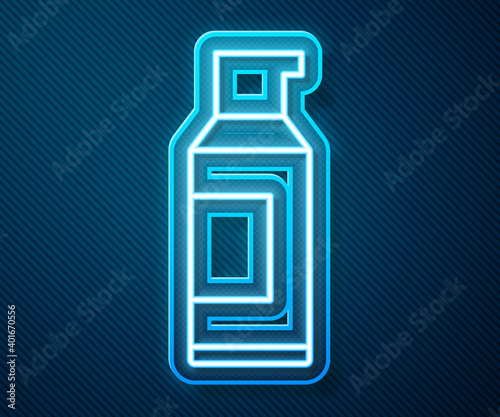 Glowing neon line Spray can for hairspray, deodorant, antiperspirant icon isolated on blue background. Vector.