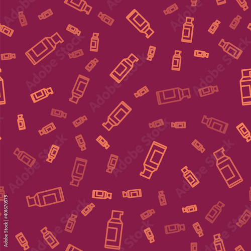 Brown line Spray can for hairspray, deodorant, antiperspirant icon isolated seamless pattern on red background. Vector.