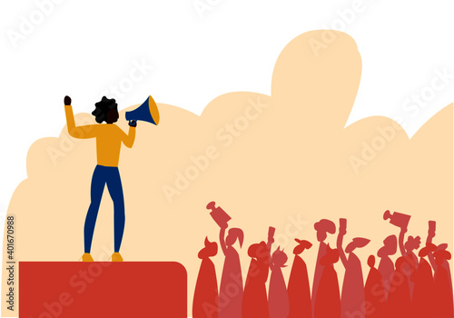 A black woman speaking about social justice and standing up against discrimination in front of crowd , this illustration showcase about woman empowerment 