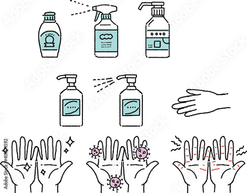 消毒液のセットと色々な手のカットイラスト Cutaway illustration of a set of disinfectant and various hands
