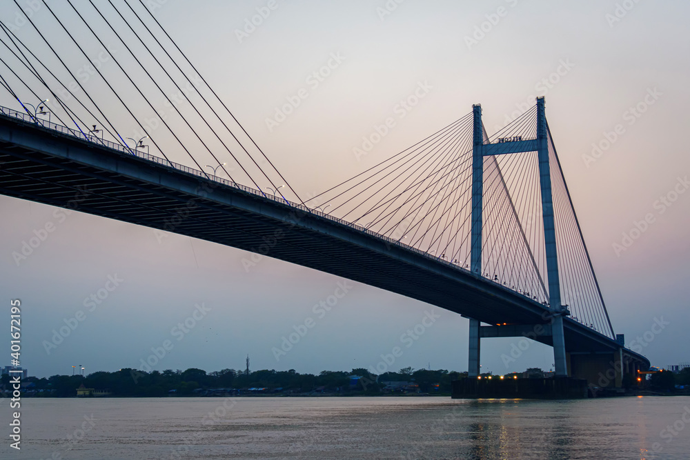 View of Vidyasagar Setu popularly known as Second Hooghly Bridge, a cable stayed bridge over the river Hooghly in West Bengal, India.
