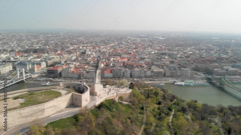 Budapest, Hungary.Fast panoramic aerial view of city skyline from Citadel Hill