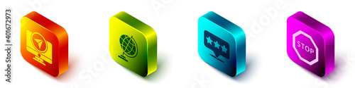 Set Isometric Monitor with location marker, Earth globe, Map pointer with star and Stop sign icon. Vector.