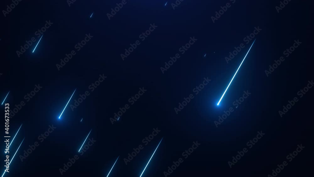 Meteor shower, abstract space background. Falling stars, speed of light, comets, beautiful galaxy, neon glowing rays. Cosmic seamless loop
