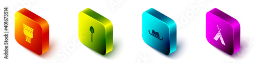 Set Isometric Drum, Shovel, Western cowboy hat and Indian teepee or wigwam icon. Vector.
