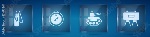 Set Cocktail molotov, Compass, Military tank and mine. Square glass panels. Vector.