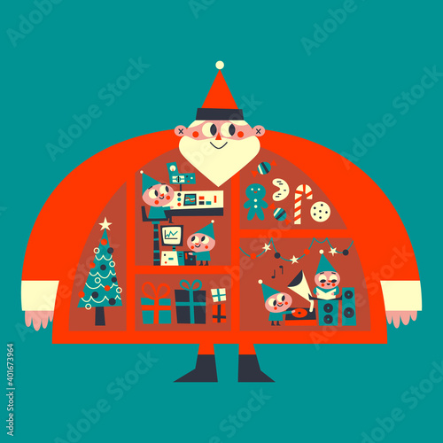 Santa & his Elves Christmas Retro Illustration