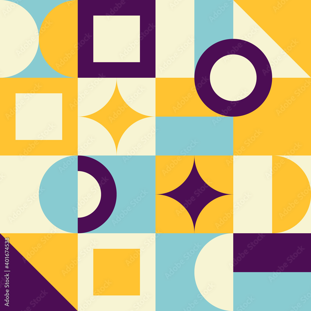 Simple geometric pattern. Yellow, purple and blue colored flat abstract design. Minimalistic figures and ghapes for web banner, brand packaging, fabric printing,wall painting, kids