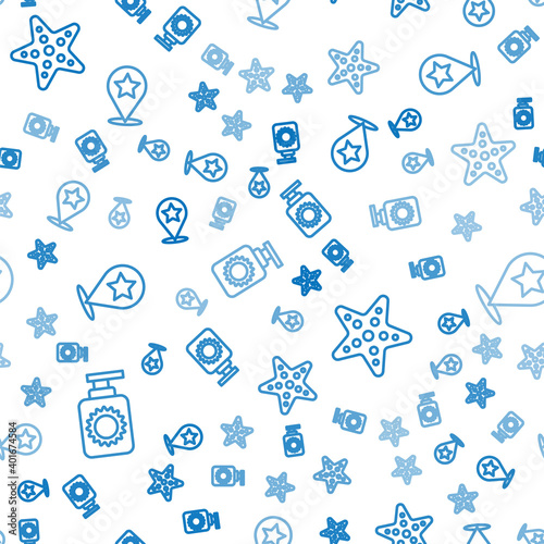 Set line Sunscreen spray bottle, Starfish and Map pointer with star on seamless pattern. Vector.