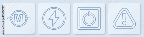 Set line Electric circuit scheme, Electric light switch, Lightning bolt and Exclamation mark in triangle. White square button. Vector.