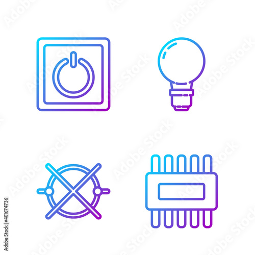 Set line Processor with microcircuits CPU, Electric circuit scheme, Electric light switch and Light bulb with concept of idea. Gradient color icons. Vector.