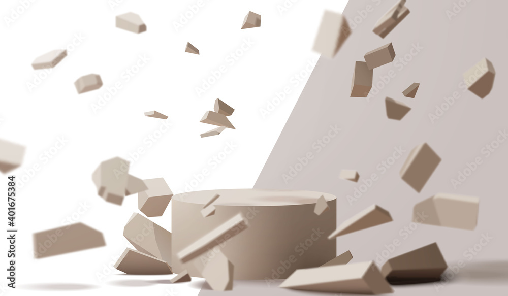 Empty circle stage podium for product presentation mockup with 3d realistic abstract flying debris vector
