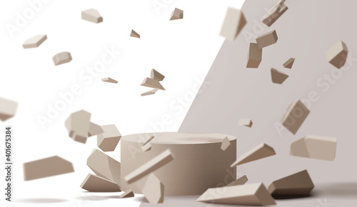 Empty circle stage podium for product presentation mockup with 3d realistic abstract flying debris vector