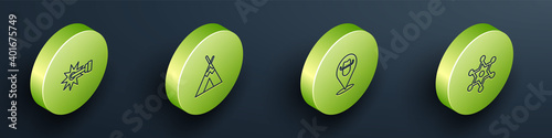 Set Isometric Spur, Indian teepee or wigwam, Location cowboy and Hexagram sheriff icon. Vector.