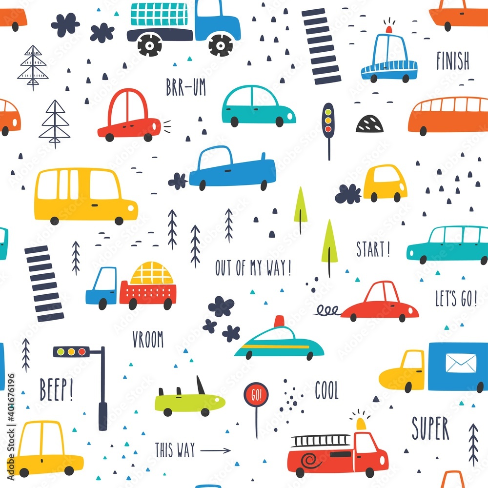 Seamless childish pattern with hand drawn cartoon cars. Creative kids texture for fabric, wrapping, textile, wallpaper, apparel. Vector illustration
Seamless childish pattern with hand drawn cartoon cars. Creative kids texture for fabric, wrapping, textile, wallpaper, apparel. Vector illustration