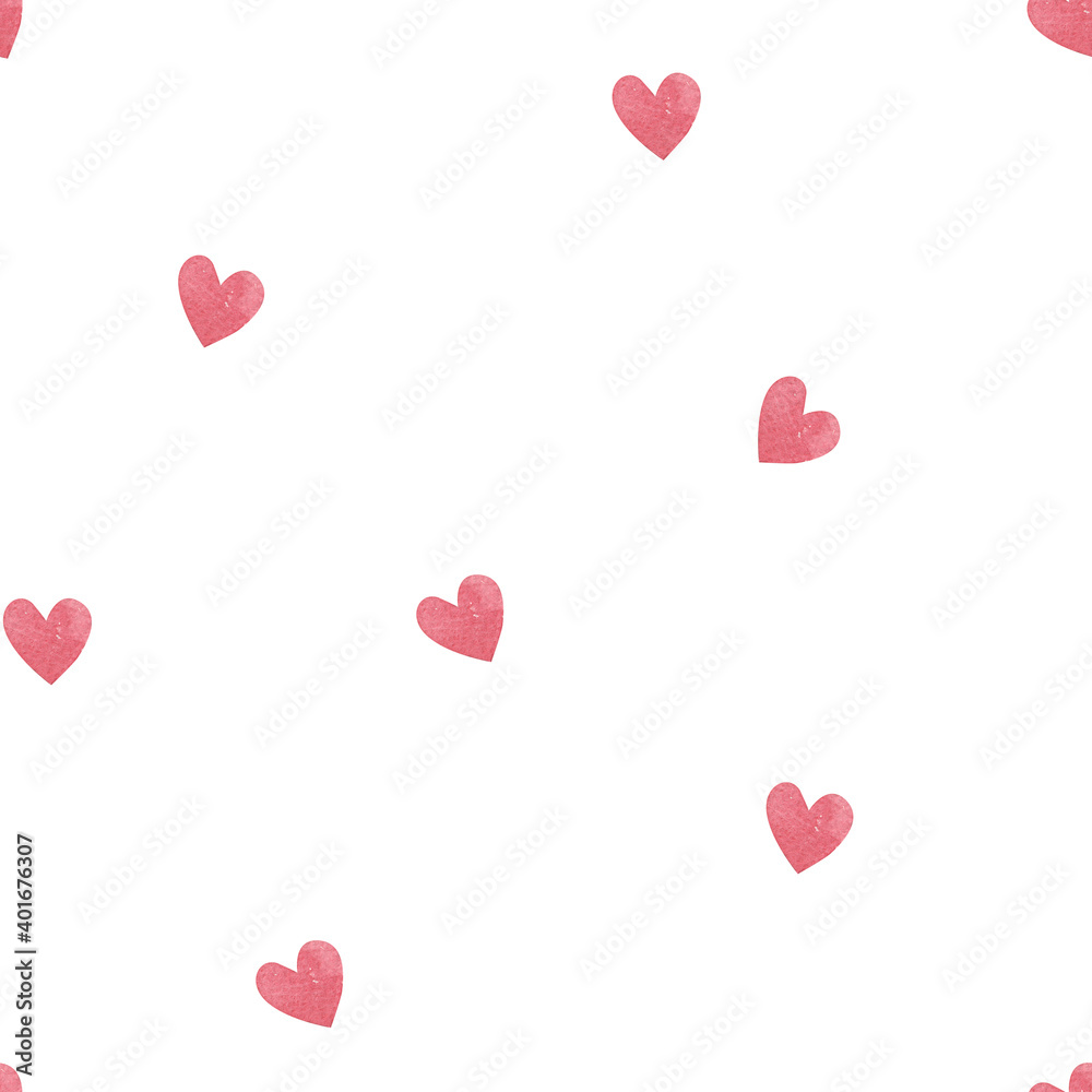 seamless pattern for valentine's day, with hearts, childrens watercolor illustration on white background