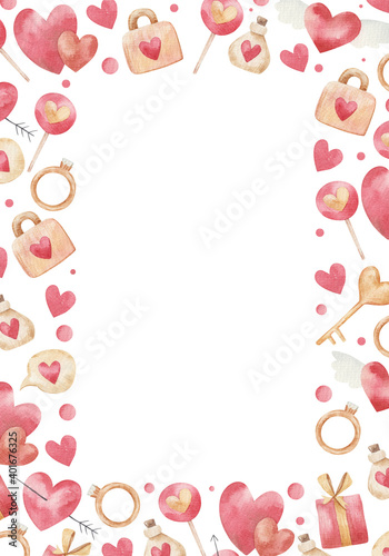 blank, card for valentine's day, childrens illustration in watercolor on white background