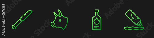 Set line Tabasco sauce, Bread knife, Cow head and Ketchup bottle. Gradient color icons. Vector.