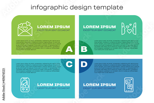Set line Dating app online, Envelope with Valentine heart, Mobile and Love first sight. Business infographic template. Vector.