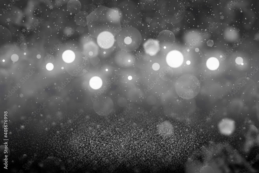 nice shiny glitter lights defocused bokeh abstract background with falling snow flakes fly, festive mockup texture with blank space for your content