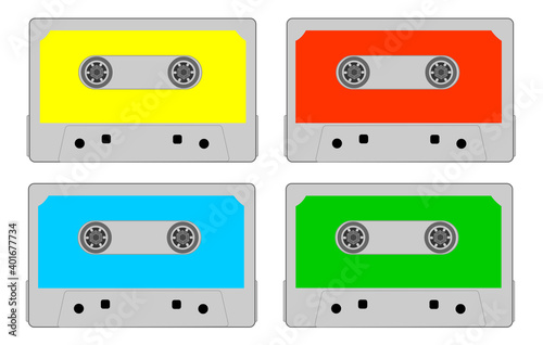 Cassette tape  vector. Colored audio cassette set. Colorful  yellow  red  blue  green. Magnetic music tape cassette collection. Vintage  old technology draw illustration