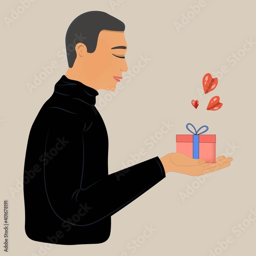 A husband or boyfriend holds a gift with hearts for his wife or girlfriend for celebration. Vector conceptual illustrations.