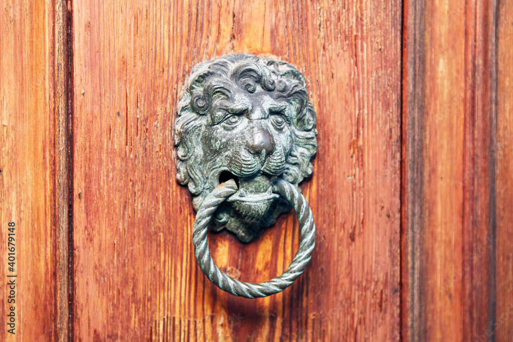 Old Venetian metal Veneto lion head door knocker on the wooden door of old Venice palace