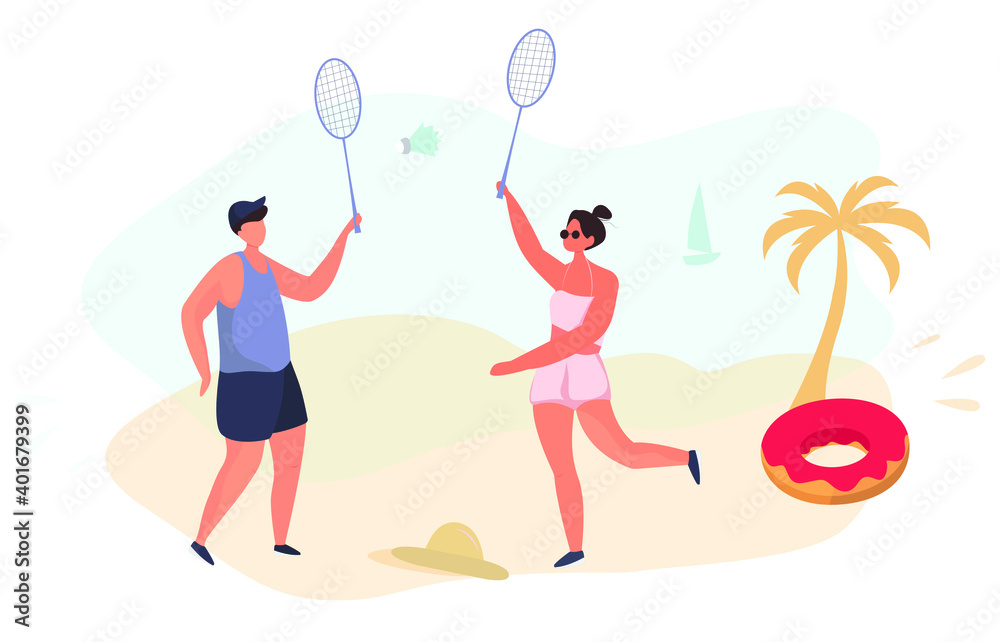 Couple Playing Badminton Along Coast on the Beach.Active Lifestyle.Summer Holiday Relaxing.Outdoor Beach Activity. Flat Vector illustration.