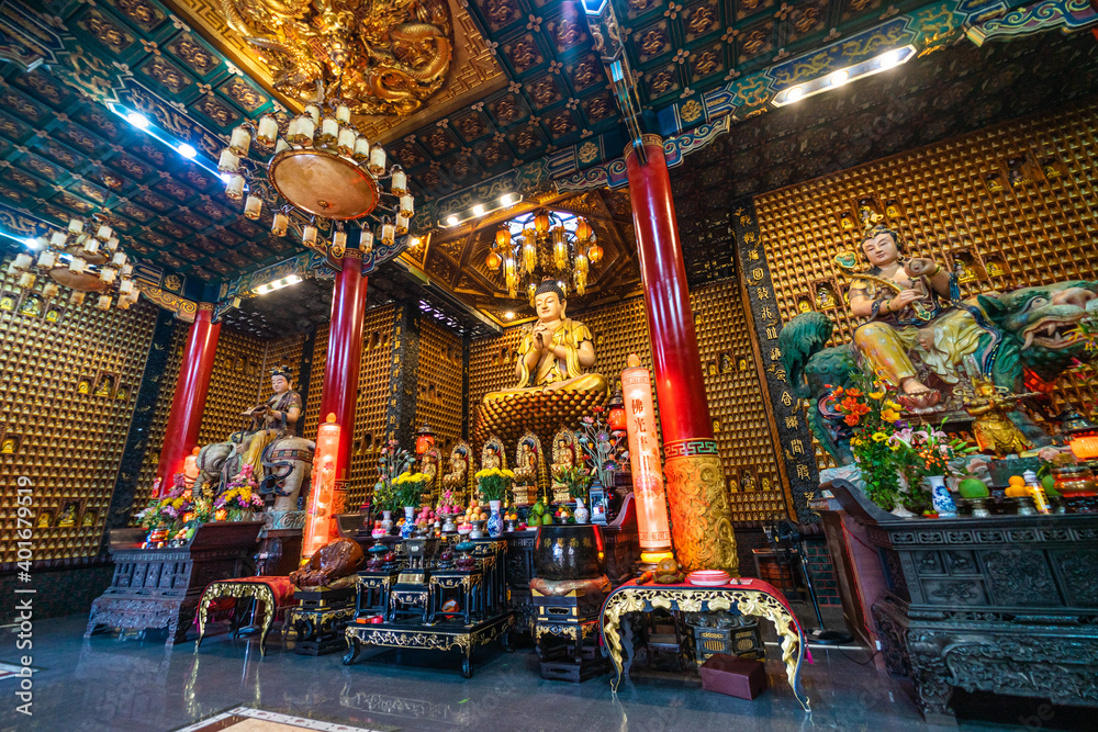 Fototapeta premium Interior of Thousand Buddha Temple or Chua Van Phat pagoda in District 5, Ho Chi Minh City, Vietnam