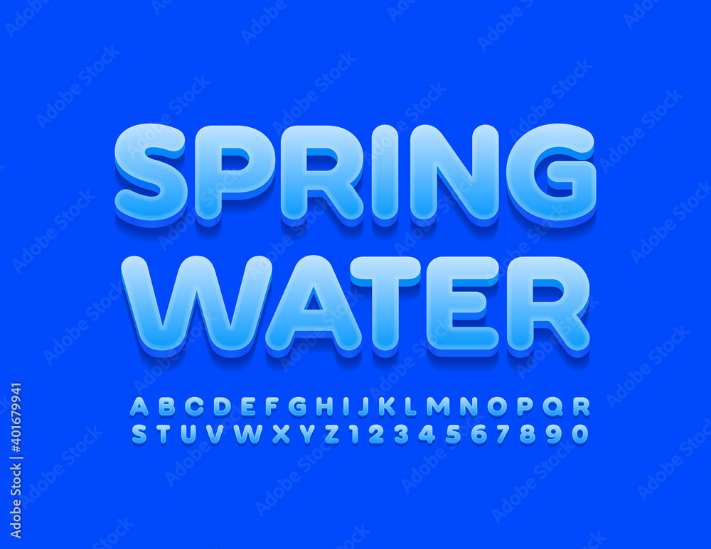Vector eco sign Spring Water. Blue modern Font. Bright Alphabet Letters and Numbers set