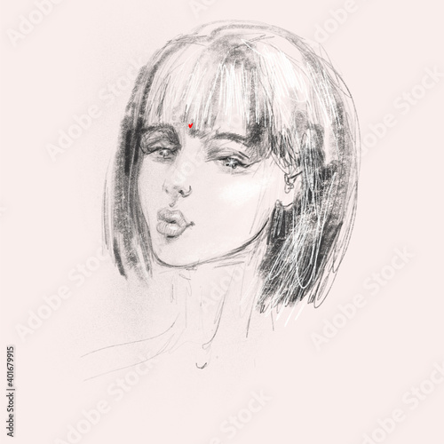 Hand drawn pencil sketch with face of a girl. Female portrait.