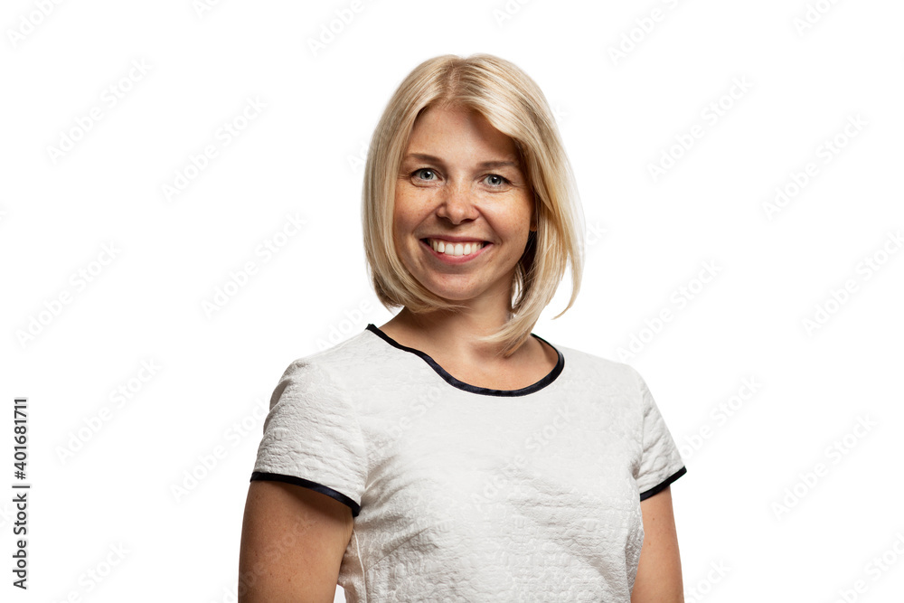Smiling young blonde woman with freckles. Isolated on white background. Smiling young blonde woman with freckles. Isolated on white background.